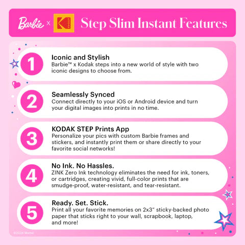 Impresora fotográfica portátil instantánea inalámbrica Barbie x Kodak Step Slim de estilo icónico