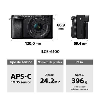 Sony Cámara Digital Mirrorless APS-C ILCE-6100X: A6100 + Lente SELP16502 + Lente SEL55210