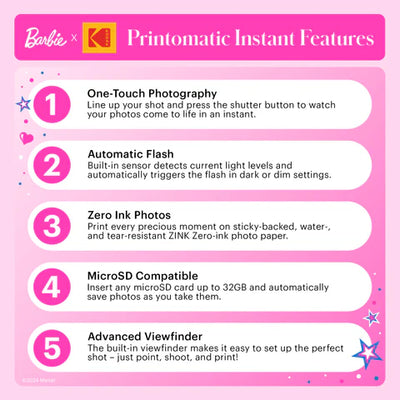 Cámara digital de impresión instantánea a todo color Barbie x Kodak Printomatic Signature Style