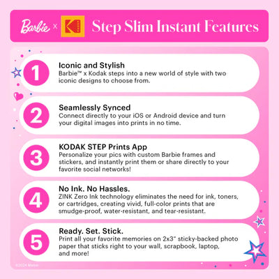 Impresora fotográfica portátil instantánea inalámbrica Barbie x Kodak Step Slim de estilo icónico